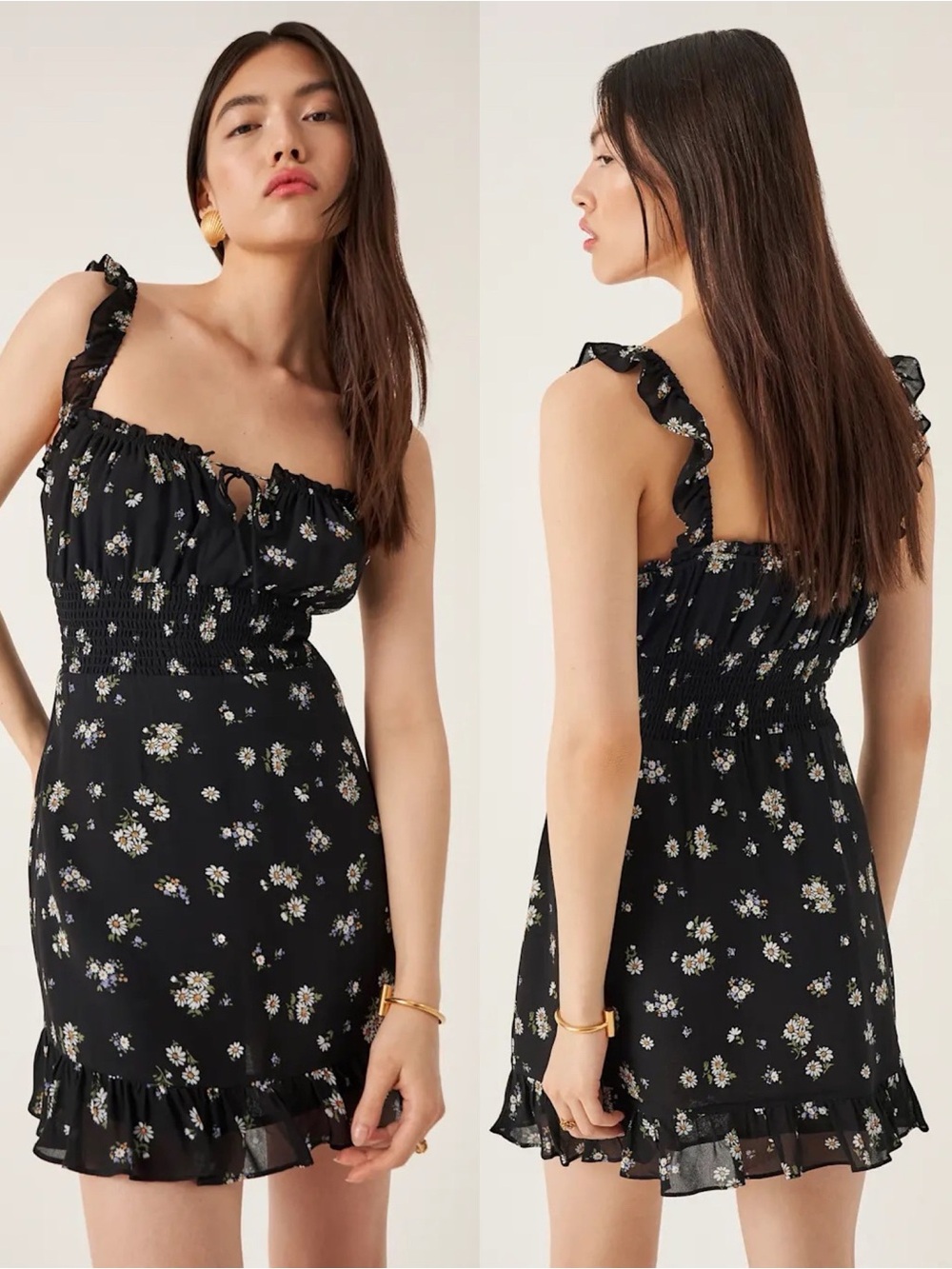 Reformation Black Floral Smocked Mini Dress